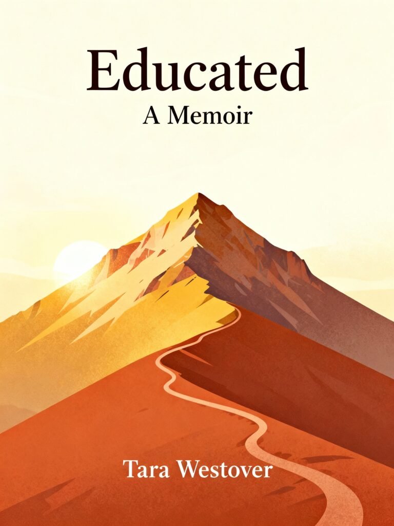 Educated by Tara Westover book cover design featuring mountain landscape and memoir themes of education and resilience against a dramatic Idaho backdrop.