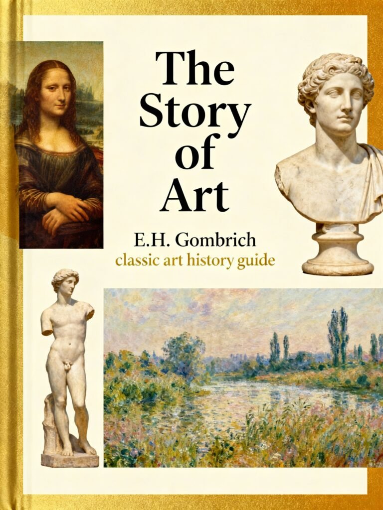 The Story of Art book cover and interior pages showing E.H. Gombrich's classic art history guide with famous masterpieces from prehistoric to modern art