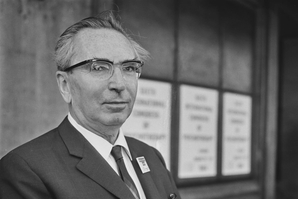 Portrait of Viktor Frankl, Holocaust survivor and renowned psychiatrist, captured in a vintage black-and-white photograph